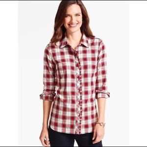 Talbots Shimmer Plaid Ruffle Hem Button Down Shirt